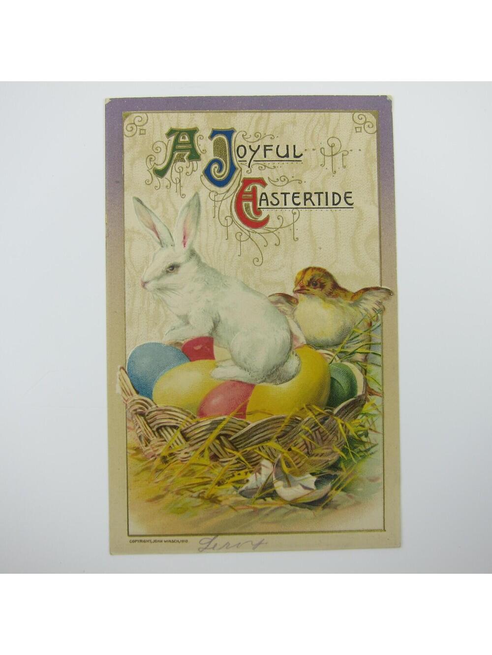 Easter White Rabbit & Chick  Sit on Colored Eggs in Basket Embossed Antique - Picture 9 of 16